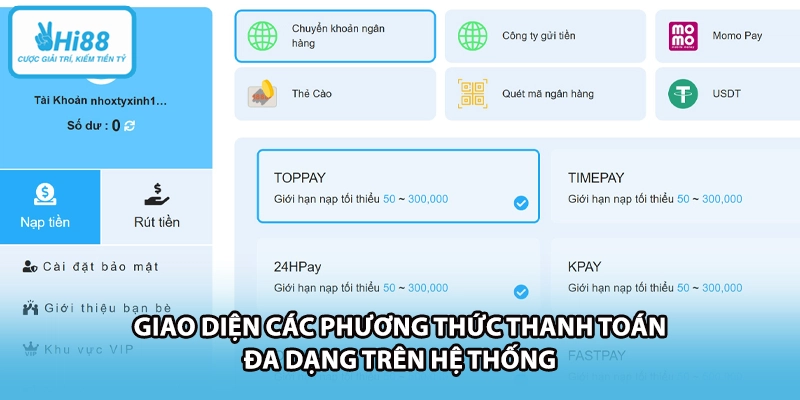 Giao diện các phương thức thanh toán đa dạng trên hệ thống